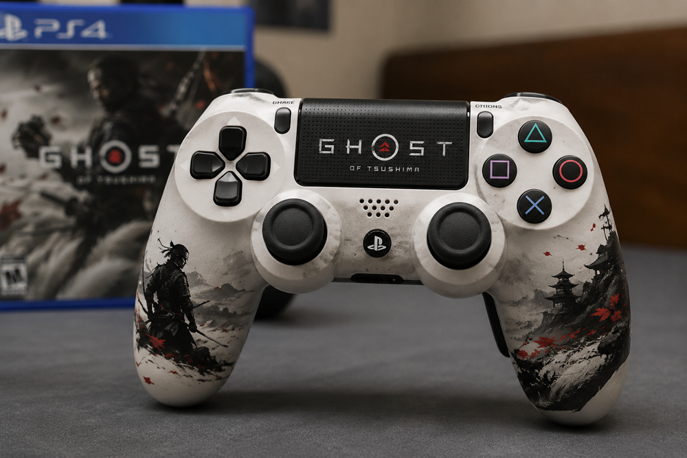 دسته بازی سونی PS4 Dualshock 4 High Copy طرح Ghost of Tsushima روی میز گیمینگ با طراحی الهامگرفته از سامورایی، مناسب پلی استیشن 4 برای بازیهای اکشن و ماجراجویی
